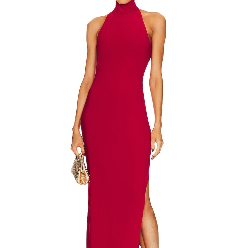 Norma Kamali Halter Turtleneck Side Slit Gown in Red XS